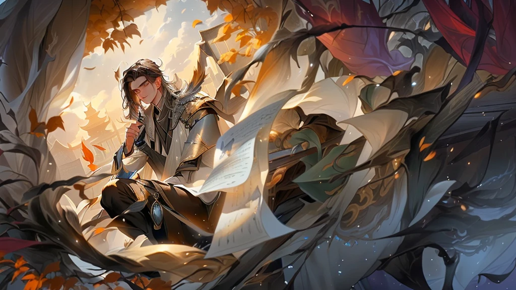 A young man holding a pen and writing sitting in a pile of messy scrolls, wearing Han clothes, in a fish palace, behind him is a window that can see the sky, league of legends, royal glory, anime, 4k, full hd, face details,