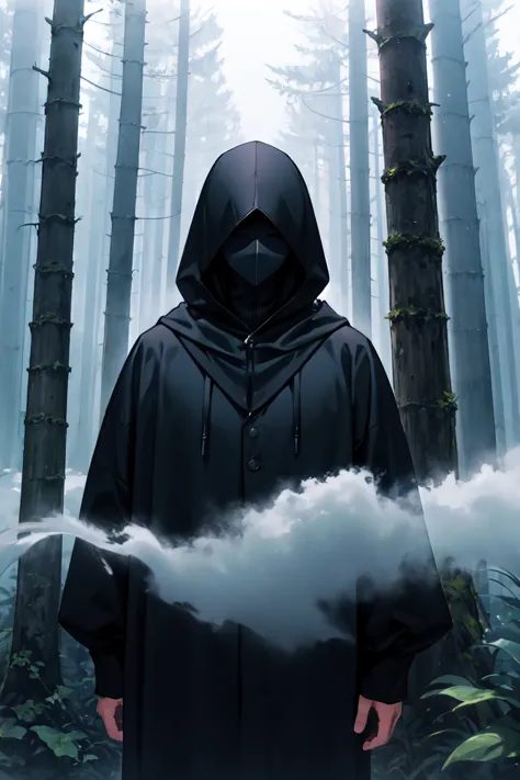 at the forest, a man with a black hood covering his face, who raised the country to heaven, and behind him, mist