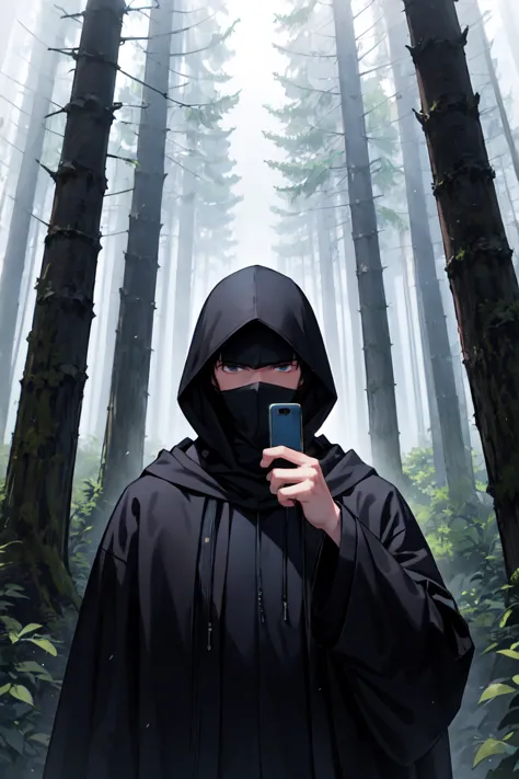 at the forest, a man with a black hood covering his face, who raised the country to heaven, and behind him, mist