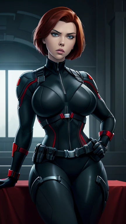 Scarlett Johansson as Black Widow, ((Masterpiece)); ((Natural Beauty)); ((Ultrarealistic green eyes)); ((Ultrarealistic fair white skin)); ((Ultrarealistic round boobs)); ((Ultrarealistic red short classic bob haircut hairstyle)); ((Ultrarealistic round Asscheeks)); ((Ultrarealistic widow bite black gloves)); ((Ultrarealistic black widow utility belt)); black and red tactical vest; Bright Red stripe accents on the side of the suit; Short sleeve; looking at the viewer; Engaged in strategic planning, Black Widow sits with poise and focus, her tight suit showcasing her athletic physique, including the firmness of her buttocks. With a sharp mind and keen intuition, she formulates plans with precision and efficiency.