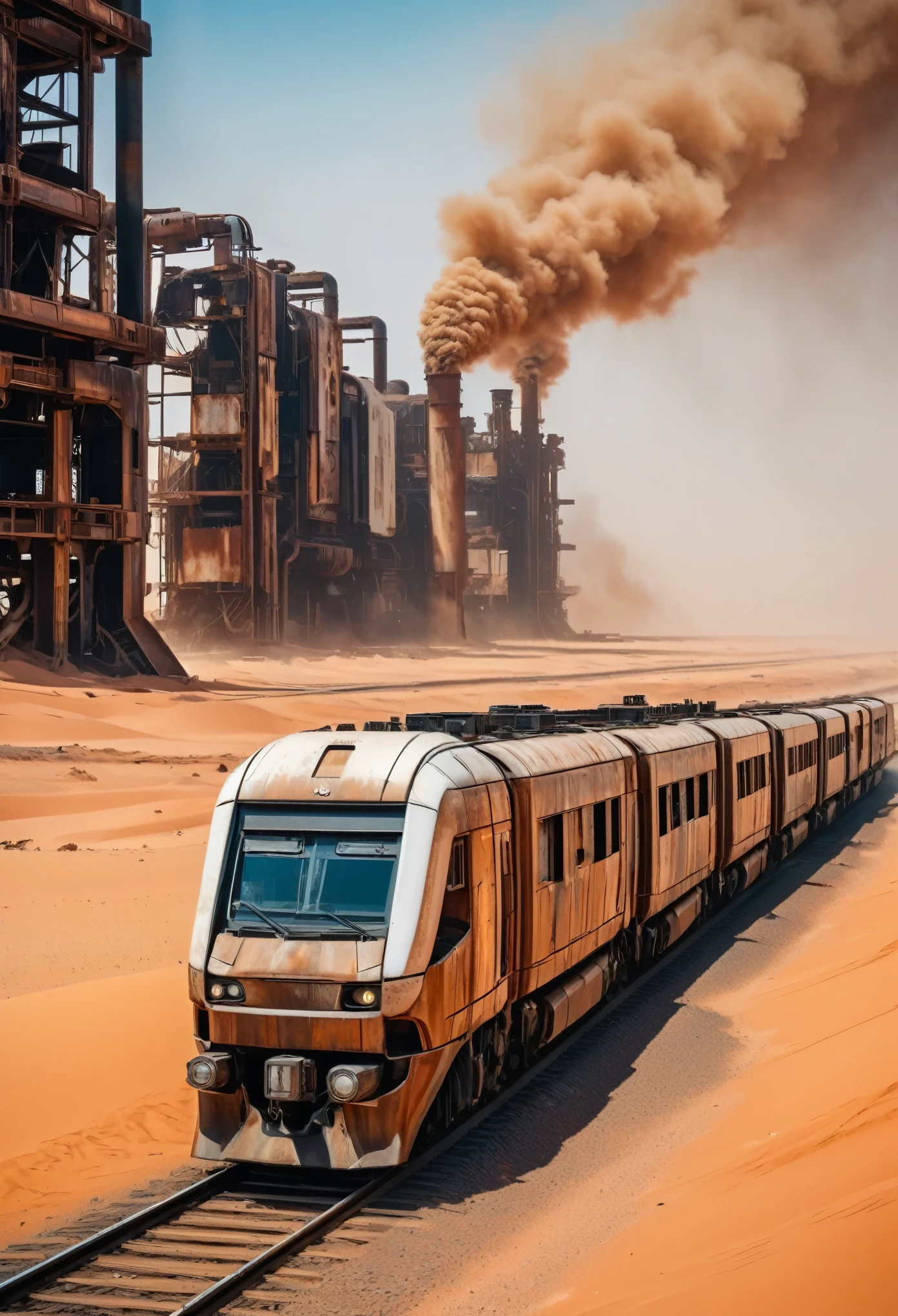 Imagen diagonal de un moderno tren de dos pisos oxidado y ultrafuturista y de metal industrial que cruza el desierto del Sahara, ambiente post-apocalíptico, El tren pasa por una zona industrial destruida con altas torres de metal que arrojan humo. 