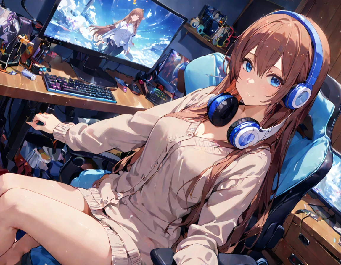 (A girl lounging in her bedroom), (a PC monitor turned on, a gaming chair), (a cluttered room), (fetal position), (perfect face), Sparkling, (masterpiece, best quality), (absurdres absolutely resolution), (8k), (detailed illustration), (super fine illustration), (professional lighting), (vivid color), detailed beatiful face, detailed beatiful eyes, detailed beatiful hair, perfect body, perfect hands, dynamic pose, dutch angle}, , looking at viewer, miku nakano, long hair, bangs, blue eyes, brown hair, shirt, hair between eyes, cardigan, headphones around neck, mature female, medium breasts