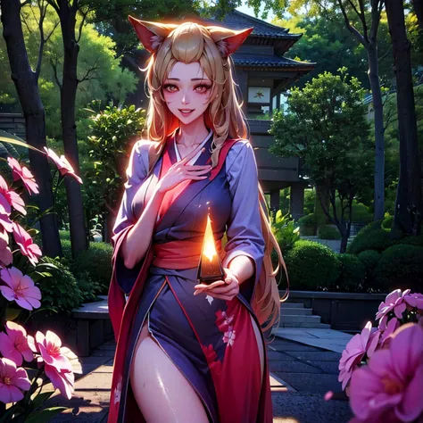 29 years old beautiful european woman with red kimono,9 tails kitsune,ash blossom,smiling,long flowing hair,detailed facial feat...