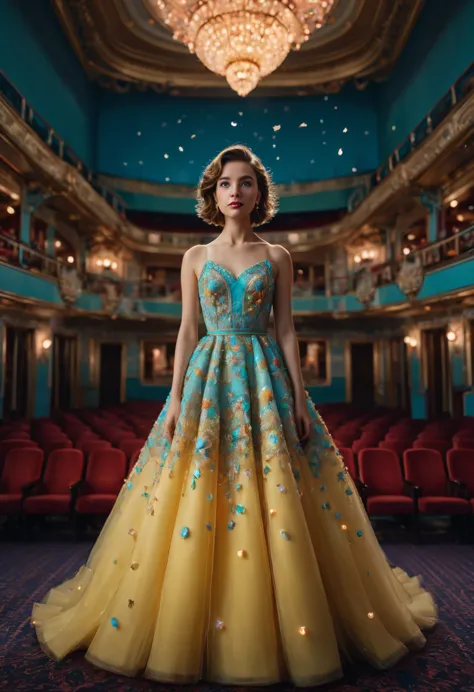 evening dress, theater, by wes anderson and brandon woelfel, 35mm photograph, bokeh, best quality, masterpiece, very aesthetic, ...