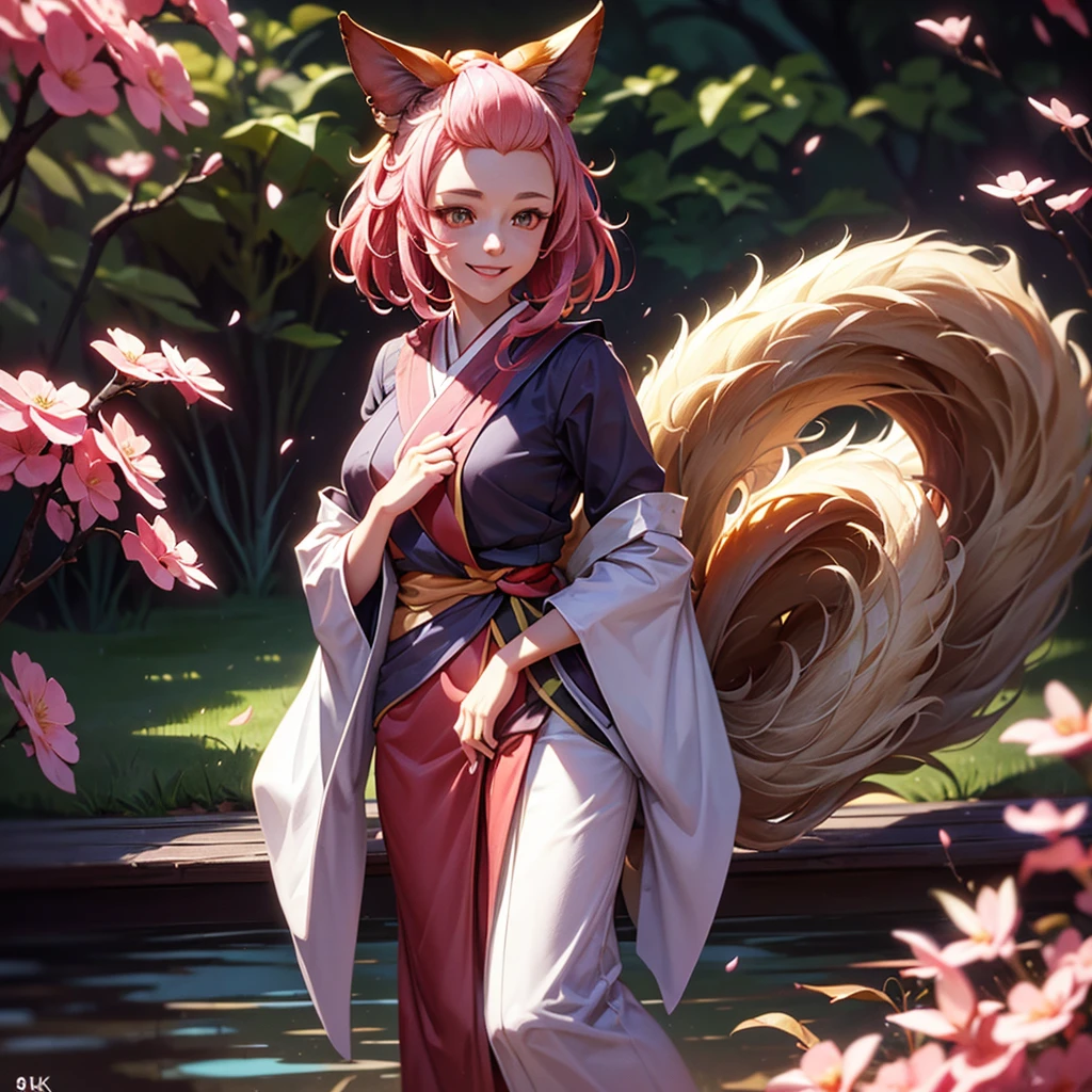 29 years old beautiful european woman with red kimono,pink hairs,9 tails kitsune,ash blossom,smiling,long flowing hair,detailed facial features,intricate kimono,lush nature background,glowing ethereal aura,vibrant colors,cinematic lighting,award winning digital art,concept art,highly detailed,photorealistic,8k,masterpiece