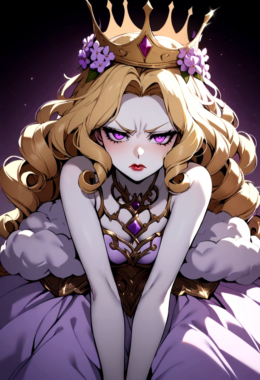 A curly blonde young woman, pale skin with violet eyes and reddish lips, wearing a lilac, fluffy princess dress, with a crown, with an annoyed expression, in an erotic pose 