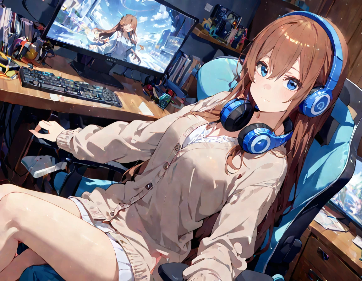 (A girl lounging in her bedroom), (a PC monitor turned on, a gaming chair), (a cluttered room), (fetal position), (perfect face), Sparkling, (masterpiece, best quality), (absurdres absolutely resolution), (8k), (detailed illustration), (super fine illustration), (professional lighting), (vivid color), detailed beatiful face, detailed beatiful eyes, detailed beatiful hair, perfect body, perfect hands, dynamic pose, dutch angle}, , looking at viewer, miku nakano, long hair, bangs, blue eyes, brown hair, shirt, hair between eyes, cardigan, headphones around neck, mature female, medium breasts