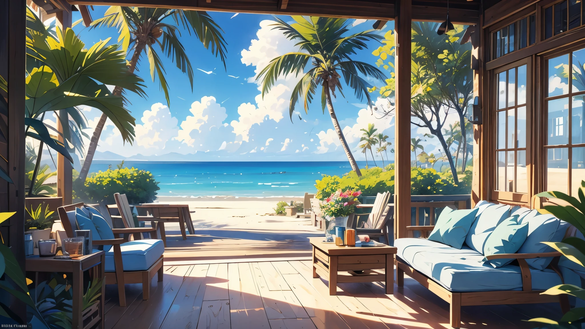 tropical house on the beach with palm trees and blue water, island background, anime background art, amazing wallpaper, background art, hd wallpaper, relaxing concept art, beautiful wallpaper, high quality desktop wallpaper, background artwork, pc wallpaper, anime background, tropical beach paradise, wallpaper hd, 8K image quality, Masterpiece