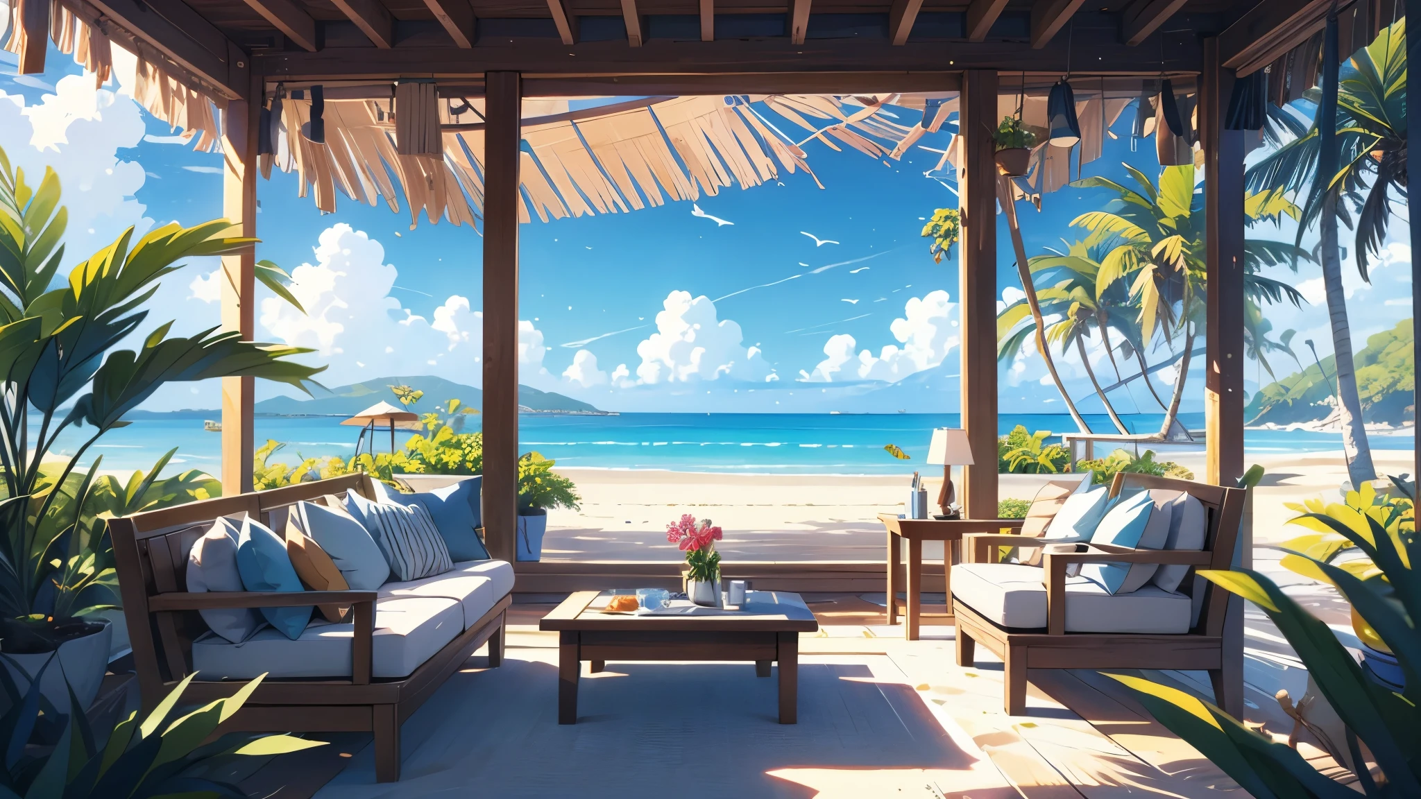 tropical house on the beach with palm trees and blue water, island background, anime background art, amazing wallpaper, background art, hd wallpaper, relaxing concept art, beautiful wallpaper, high quality desktop wallpaper, background artwork, pc wallpaper, anime background, tropical beach paradise, wallpaper hd, 8K image quality, Masterpiece