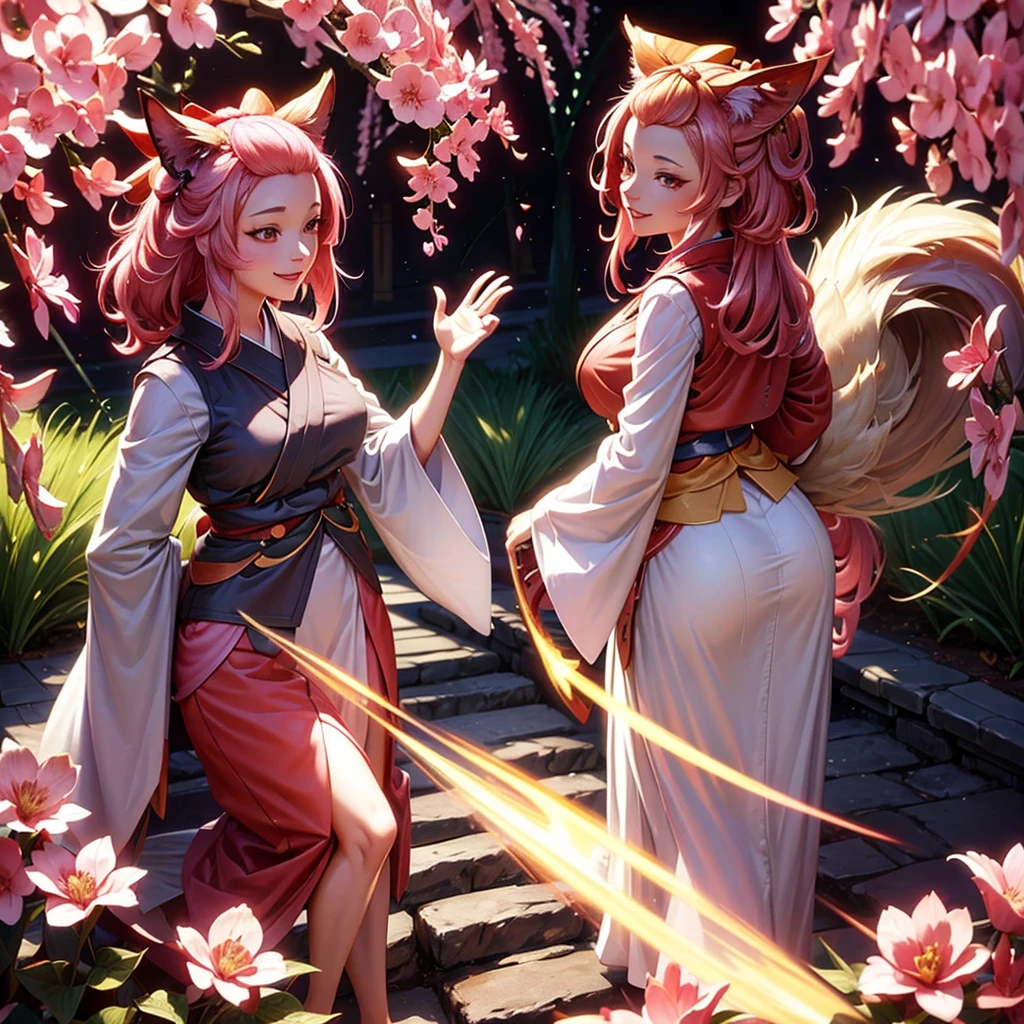 29 years old beautiful european woman with red kimono,pink hairs,9 tails kitsune,ash blossom,smiling,long flowing hair,detailed facial features,intricate kimono,lush nature background,glowing ethereal aura,vibrant colors,cinematic lighting,award winning digital art,concept art,highly detailed,photorealistic,8k,masterpiece