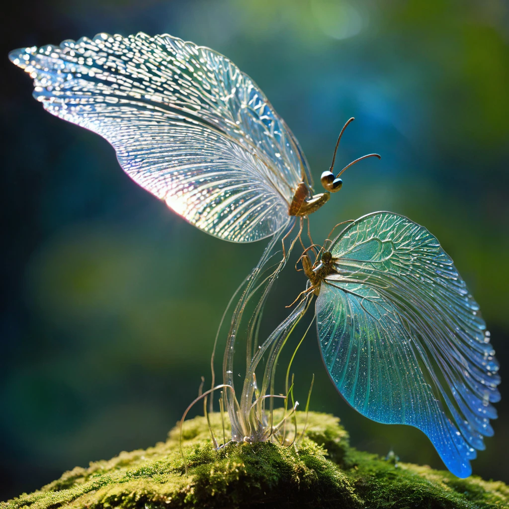 Créatures géantes, Fabriqué à partir d&#39;un mélange de verre irisé et de bois.. Le corps est lisse et lisse., Il scintille à la lumière comme s&#39;il était fait d&#39;argent liquide... Les membres sont pointus et ont des extrémités gracieuses..,  fragile,aspect subtil,Force et résilience, Gravé à partir de l&#39;essence même de la Terre elle-même.. Les yeux sont grands et expressifs, brillant d&#39;une douce lumière bleue ,Une paire d&#39;ailes translucides poussent à l&#39;arrière.., Les bords scintillent de petits flocons d&#39;or et de vert... nature, ciel, déchiqueté, sculpté,