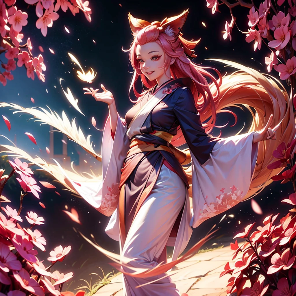 29 years old beautiful european woman with red kimono,pink hairs,9 tails kitsune,ash blossom,smiling,long flowing hair,detailed facial features,intricate kimono,lush nature background,glowing ethereal aura,vibrant colors,cinematic lighting,award winning digital art,concept art,highly detailed,photorealistic,8k,masterpiece