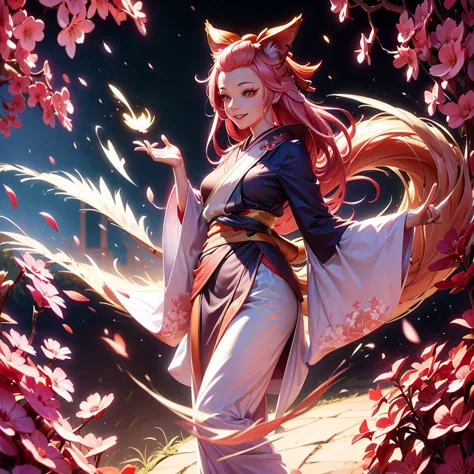 29 years old beautiful european woman with red kimono,pink hairs,9 tails kitsune,ash blossom,smiling,long flowing hair,detailed ...