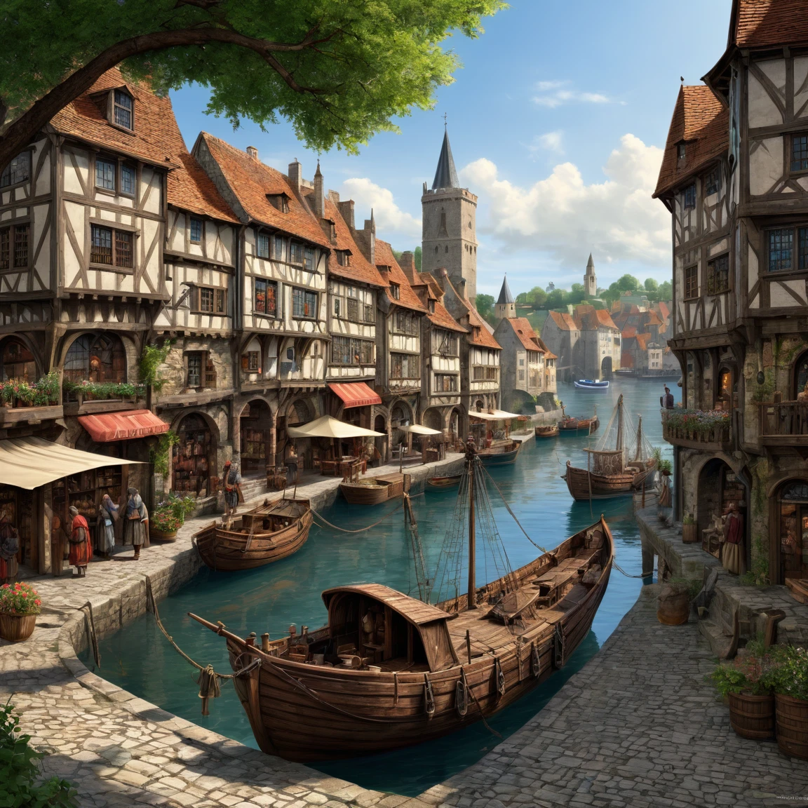 (best quality)), ((masterpiece)), ((realistic,digital art)), (super detailed), vaste port de commerce, Medieval style