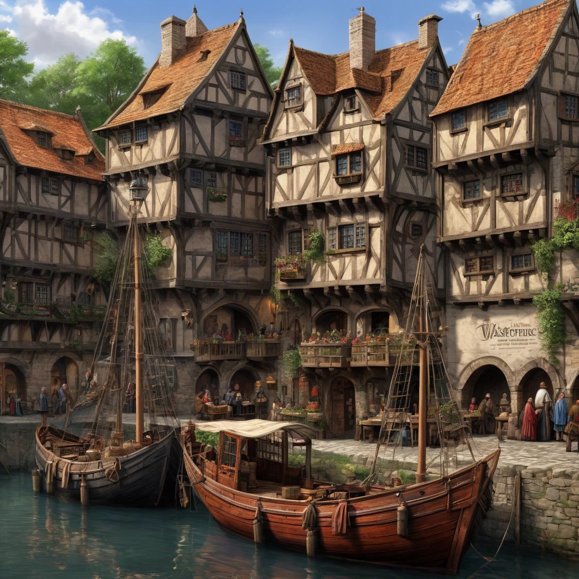 (best quality)), ((masterpiece)), ((realistic,digital art)), (super detailed), vaste port de commerce, Medieval style