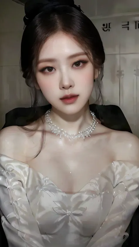 a close up of a woman with a white dress and a necklace, sexy face with full makeup, cruel korean goth girl, thick fancy makeup,...