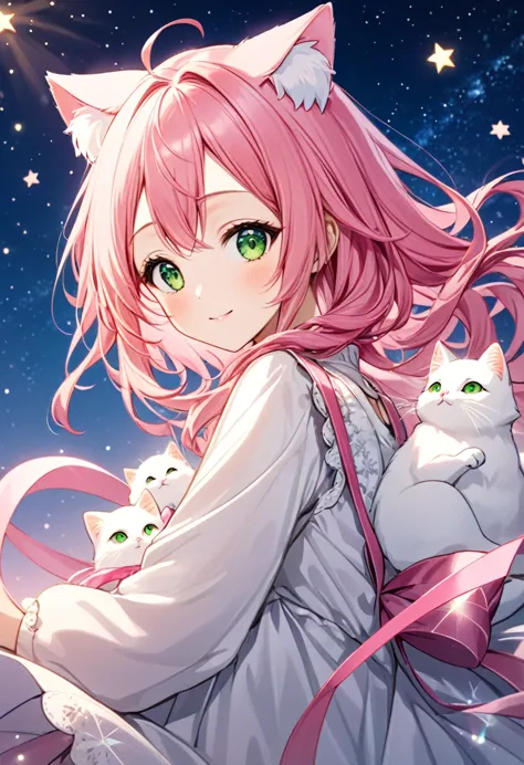 A beautiful anime girl with long, flowing pink hair and cat ears, dressed in a light, delicate outfit with pink ribbons. She has...