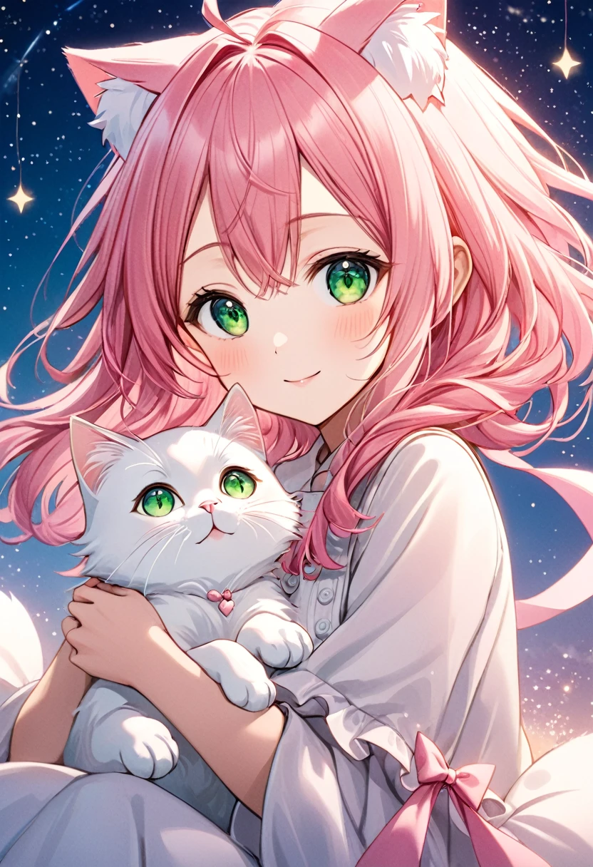 A beautiful anime girl with long, flowing pink hair and cat ears, dressed in a light, delicate outfit with pink ribbons. She has large, sparkling green eyes and a gentle, warm smile. She is accompanied by a cute, fluffy cat with matching green eyes. The background is a soft gradient of night sky with subtle stars, creating a magical and serene atmosphere. The overall scene is dreamy and enchanting, with a focus on the girl's charming and sweet appearance