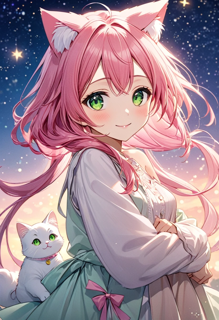 A beautiful anime girl with long, flowing pink hair and cat ears, dressed in a light, delicate outfit with pink ribbons. She has large, sparkling green eyes and a gentle, warm smile. She is accompanied by a cute, fluffy cat with matching green eyes. The background is a soft gradient of night sky with subtle stars, creating a magical and serene atmosphere. The overall scene is dreamy and enchanting, with a focus on the girl's charming and sweet appearance