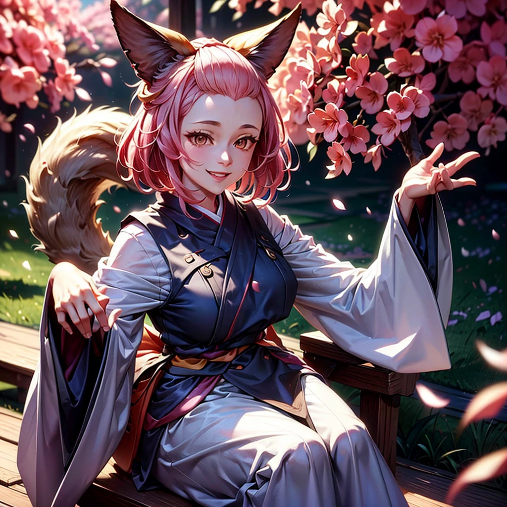 1 29 years old beautiful european woman with red kimono,pink hairs,9 tails kitsune,ash blossom,smiling,long flowing hair,detailed facial features,intricate kimono,lush nature background,glowing ethereal aura,vibrant colors,cinematic lighting,award winning digital art,concept art,highly detailed,photorealistic,8k,masterpiece