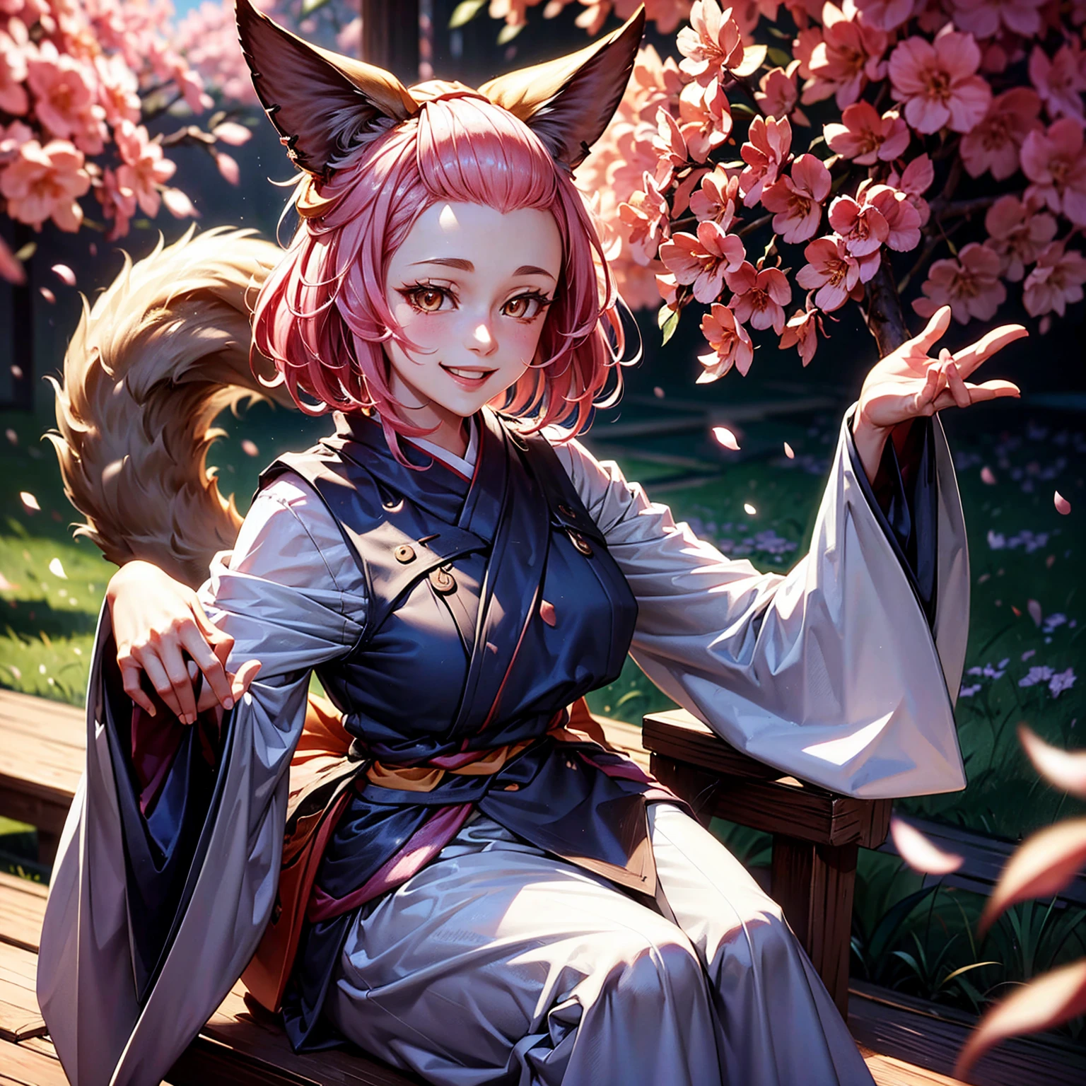 1 29 years old beautiful european woman with red kimono,pink hairs,9 tails kitsune,ash blossom,smiling,long flowing hair,detailed facial features,intricate kimono,lush nature background,glowing ethereal aura,vibrant colors,cinematic lighting,award winning digital art,concept art,highly detailed,photorealistic,8k,masterpiece