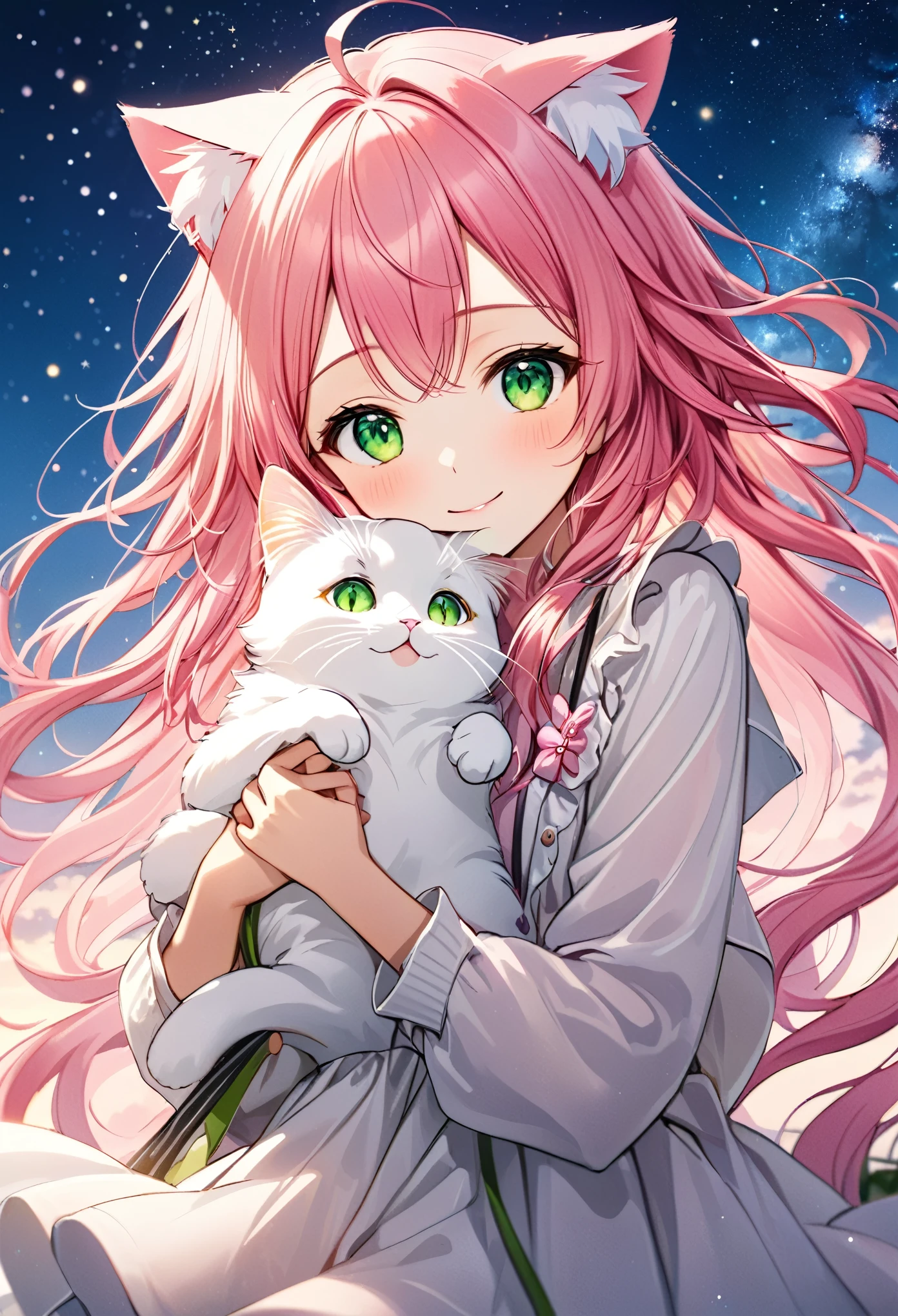 A beautiful anime girl with long, flowing pink hair and cat ears, dressed in a light, delicate outfit with pink ribbons. She has large, sparkling green eyes and a gentle, warm smile. She is accompanied by a cute, fluffy cat with matching green eyes. The background is a soft gradient of night sky with subtle stars, creating a magical and serene atmosphere. The overall scene is dreamy and enchanting, with a focus on the girl's charming and sweet appearance