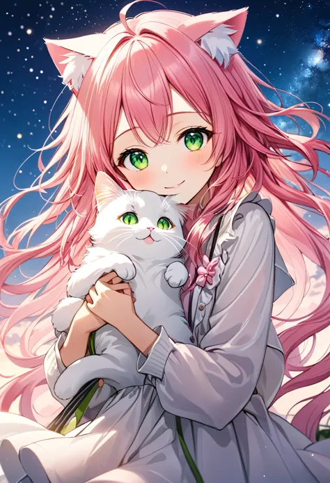 A beautiful anime girl with long, flowing pink hair and cat ears, dressed in a light, delicate outfit with pink ribbons. She has...