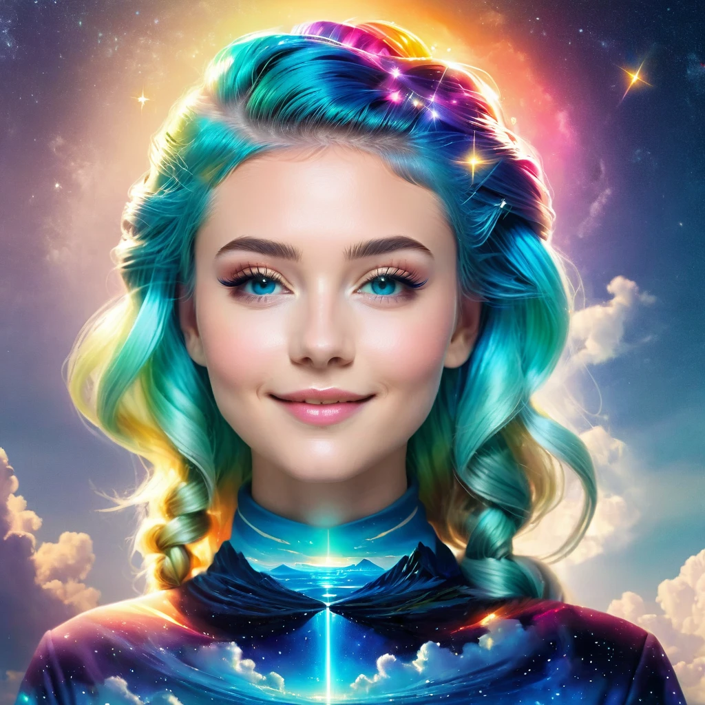 masterpiece,best quality,aesthetic,detailed face,subsurface scattering,dynamic angle, wrenchsfantasy,fantasy,1girl,photo of a cute girl,light smile,charming,20yo,Fishtail braid Hair.Asymmetrical bangs,Teal hair,glowing,cloud,colorful || starry,stars,spacecraft, space_style,style-swirlmagic,style-sylvamagic,rainbow-candy, brave, intricate, elegant, dramatic, divine, glowing, sharp focus, incredible detailed, creative, cinematic, fine detail, striking, pretty, perfect, artistic, exciting, marvelous, illuminated, loving, beautiful, enchanted, inspired, vibrant, light, winning, futuristic, best