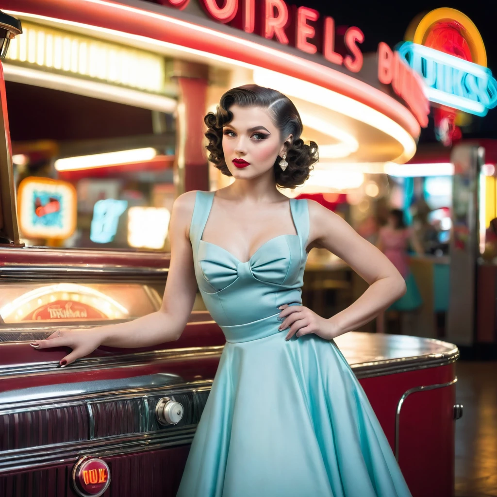 Girl wearing a 1950s style dress, Complete with a full skirt and petticoat, Her hair is styled in classic pin curls.. She should be sitting in an old fashioned diner, Surrounded by vintage details like a jukebox., Chrome accents, And neon signs. Her eyes should sparkle with excitement, Her skin is flawless and glowing beneath her soft skin., dramatic lighting. This scene must be shot on 35mm film., Beautiful depth of field and a bit blurry, nostalgic background,, movie,