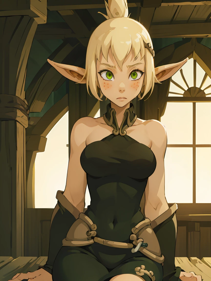 ((ultra quality)), ((masterpiece)), Evangelyne - Wakfu, Wakfu style, ((blonde short hair, evangelina hairstyle)), (Beautiful face), (beautiful female lips), (elven long ears), charming, ((sexy facial expression)), looks at the camera, eyes slightly open, (skin color white), (White skin), glare on the body, ((detailed beautiful female eyes)), ((dark green eyes)), (juicy female lips), (dark eyeliner), (beautiful female hands), ((ideal female figure)), ideal female body, beautiful waist, gorgeous thighs, beautiful large breasts, ((subtle and beautiful)), sexy sits (close up of face), (black clothes Evangelyne - wakfu season 1, clothes from the first season of the animated series, white top) background: the forest, ((depth of field)), ((high quality clear image)), (clear details), ((high detail)), realistically, professional photo session, ((Clear Focus)), anime