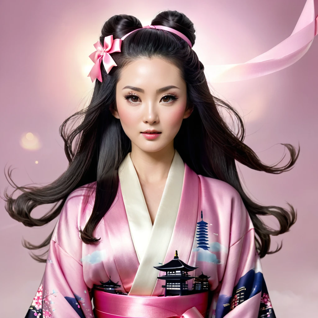 masterpiece, (realistic:1.5), realistic eyes, asian women, best quality, beautiful lighting, professional lighting, photon mapping, radio city, Physically Based Rendering,, kamado nezuko, 1 woman, black hair, forehead, hair ribbon, japanese clothes, kimono, long hair, multicolored hair, dehisce, pink eyes, pink kimono, pink ribbon, ribbon, laugh, very long hair, sky, ((getting old)),, (raw photo, 8k words, film grain)