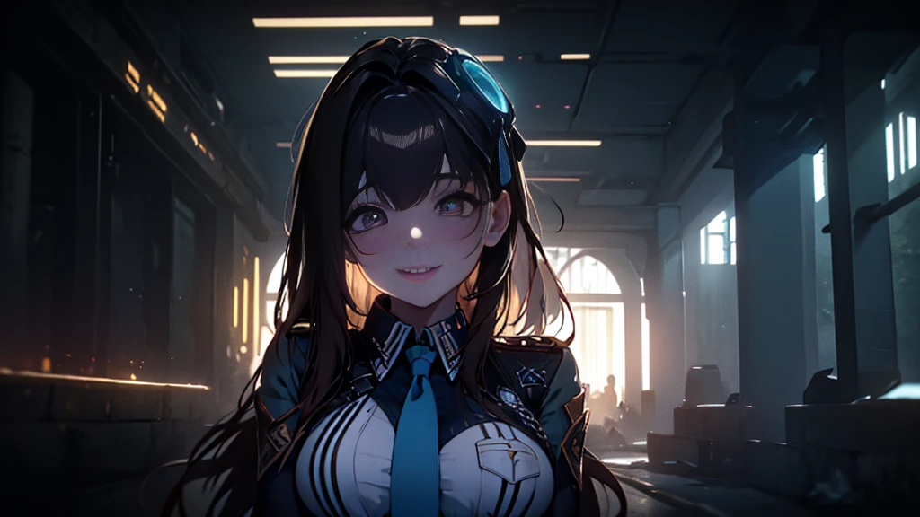 ((Best quality)), ((masterpiece)), (detailed:1.4), 3D, an image of a beautiful cyberpunk female, Yandere , Yandere Face , Trance , Trance Eyes , yameroyandere , constricted pupils , yandere , empty eyes . shaded face , crazy eyes , glowing brown eyes , crazy smile , Marian , tied hair, long brown hair , White Military Uniform , Brown Eyes, Blue Barret, Blue Necktie ,Blue Ribbon , White undercloth, large breasts, HDR (High Dynamic Range),Ray Tracing,NVIDIA RTX,Super-Resolution,Unreal 5,Subsurface scattering,PBR Texturing,Post-processing,Anisotropic Filtering,Depth-of-field,Maximum clarity and sharpness,Multi-layered textures,Albedo and Specular maps,Surface shading,Accurate simulation of light-material interaction,Perfect proportions,Octane Render,Two-tone lighting,Wide aperture,Low ISO,White balance,Rule of thirds,8K RAW,