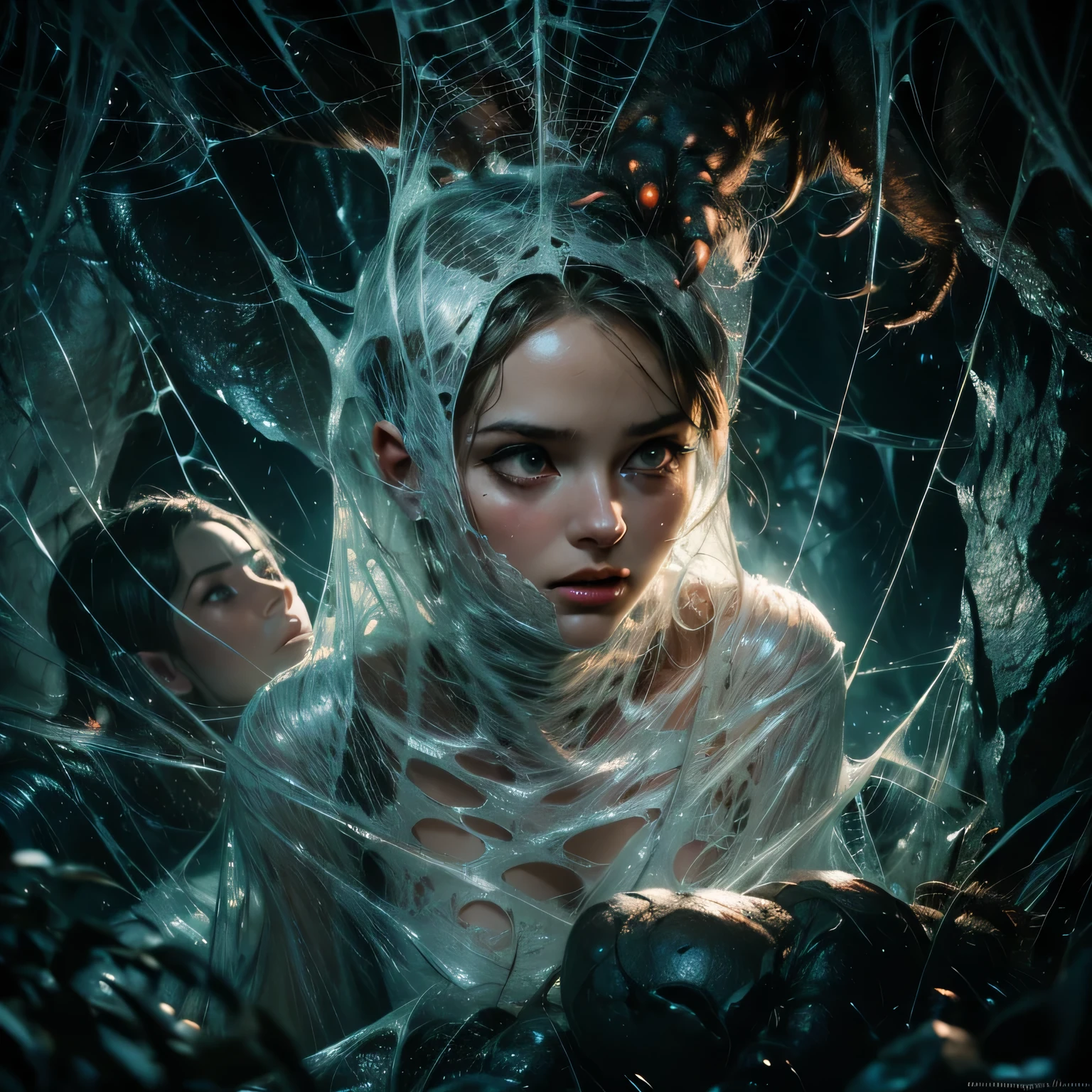 cocooned girl in the middle of a spider's web, detailed face, beautiful eyes, delicate lips, gagged, suspended in a dark cave, intricate web, chiaroscuro lighting, moody atmosphere, dramatic shadows, cinematic composition, highly detailed, hyper realistic, 8k, photorealistic, award winning artwork