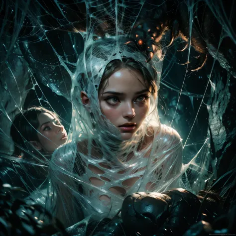 cocooned girl in the middle of a spider's web, detailed face, beautiful eyes, delicate lips, gagged, suspended in a dark cave, i...
