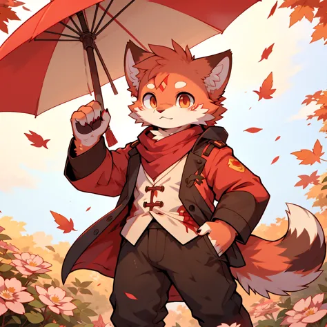 male red cat，chinese trench coat，firmament，shoun，single-image charts，long red scarf，maple leaves fall from the sky，an umbrella t...