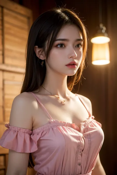 best quality, Masterpiece, Ultra high resolution, (realism: 1.4), original photo, 1 girl, pink open shoulder shirt, movie light