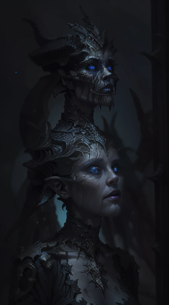 unreal engine:1.4,uhd,The best quality:1.4, fotorRealist:1.4, skin texture:1.4, masterpiece:1.8,(((beautiful woman Aesthetic horror,blue fire, portrait,beautiful detailed eyes,beautiful detailed lips,long eyeslashes,Dark shadows,deep look,macabre beauty,grotesque elegance))),(dynamic pose:1.0),ashamed,(centered,scale to fit dimensions,rule of thirds) surreal landscape,Nightmare visions,Psychological torment,Madness and beauty,Horror sublime,Obsidian Abyss,Forbidden secrets,Cryptic whispers,Hallucinatory dreams,blue background,(The best quality,4K,8K,High Resolutions,masterpiece:1.2),ultra detailed,(realist,fotorRealist,fotorRealist:1.37), looking at the camera