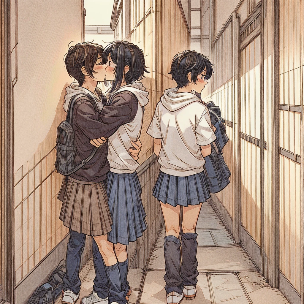 (best quality:0.8) perfect anime illustration, a pretty, happy woman with long straight black hair and red glowing eyes on the street in the city, wearing a hoodie, skirt, and, happy man with short straitght brown hair and dark red eyes, wearing black pants, dark blue skirt, face to face, kissing, kiss girlfriend, kissboyfriend, hetero couple kiss, romantic couple, 1 boy and 1 girl, 