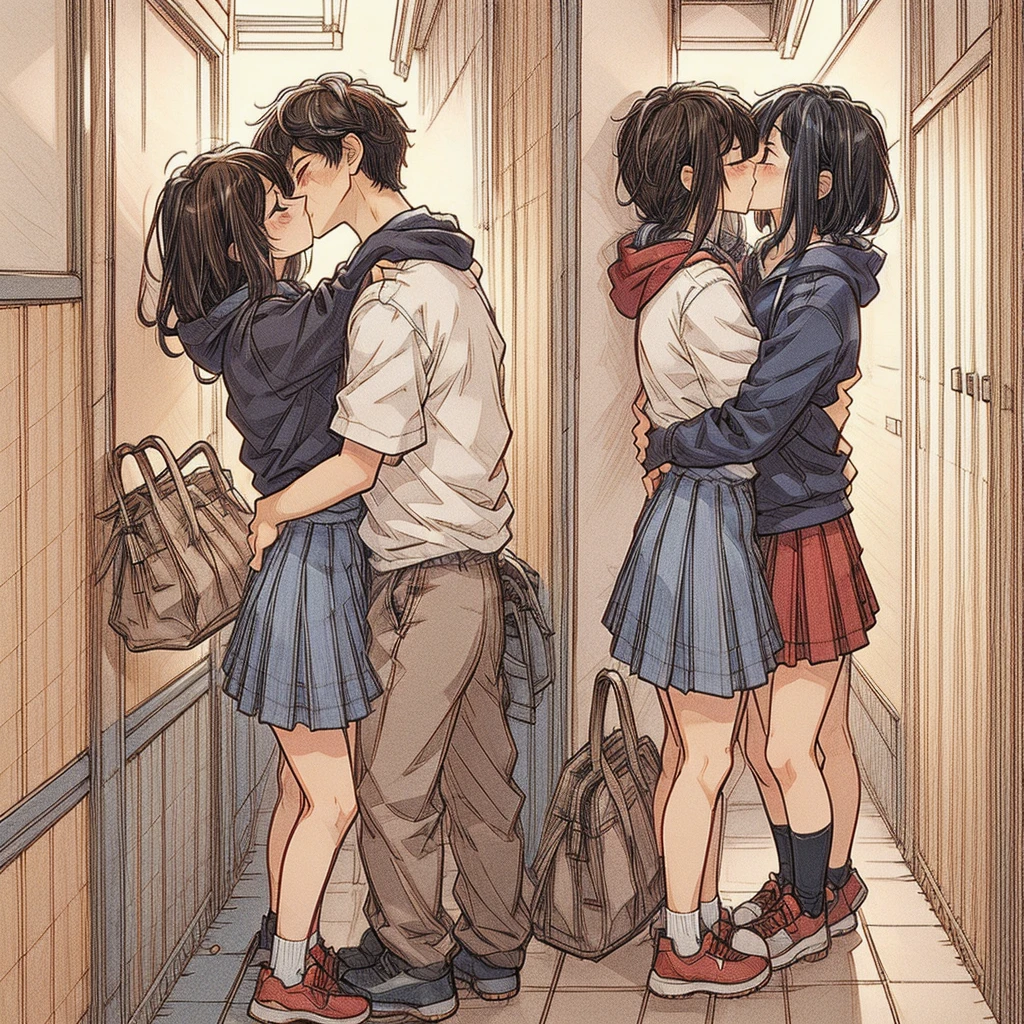 (best quality:0.8) perfect anime illustration, a pretty, happy woman with long straight black hair and red glowing eyes on the street in the city, wearing a hoodie, skirt, and, happy man with short straitght brown hair and dark red eyes, wearing black pants, dark blue skirt, face to face, kissing, kiss girlfriend, kissboyfriend, hetero couple kiss, romantic couple, 1 boy and 1 girl, 