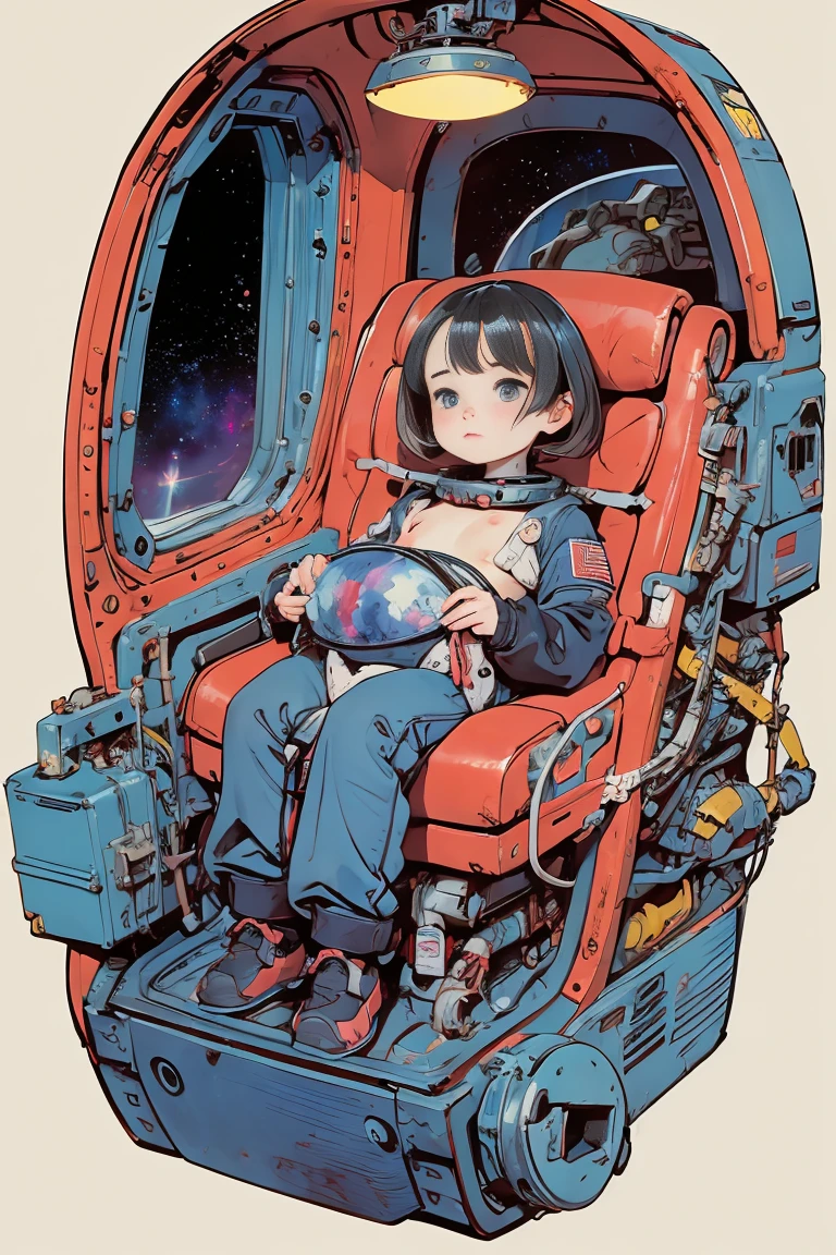 watercolor、Being inside a spaceship、Large windows of spacecraft、performer, Planets and nebulae visible from spaceship window、girl looking out the window、Mecha、mechanical、Panorama、girl around 24 years old(Baby Face、Slim figure、Looks like a 12 year old boy)Shorts、Ukiyo-e style background、Tiny tubes and pipes undulate like tentacles..、Nipples are visible without a bra、Spacesuit
