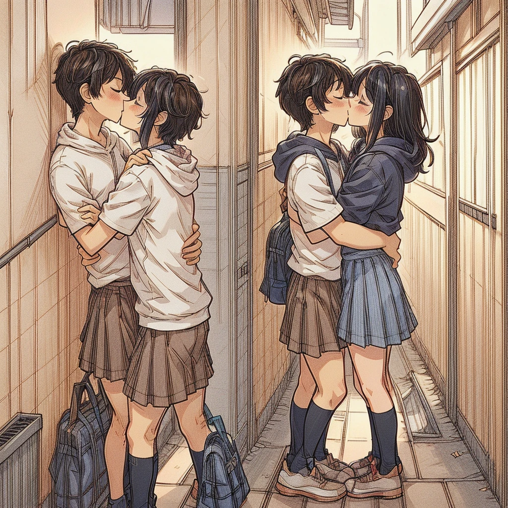 (best quality:0.8) perfect anime illustration, a pretty, happy woman with long straight black hair and red glowing eyes on the street in the city, wearing a hoodie, skirt, and, happy man with short straitght brown hair and dark red eyes, wearing black pants, dark blue skirt, face to face, kissing, kiss girlfriend, kissboyfriend, hetero couple kiss, romantic couple, 1 boy and 1 girl, closed eyes.