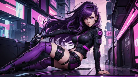 High quality, une fille, in profile, elle tient un revolver dans la main, she aims, purple hair, cyberpunk style, une jupe court...