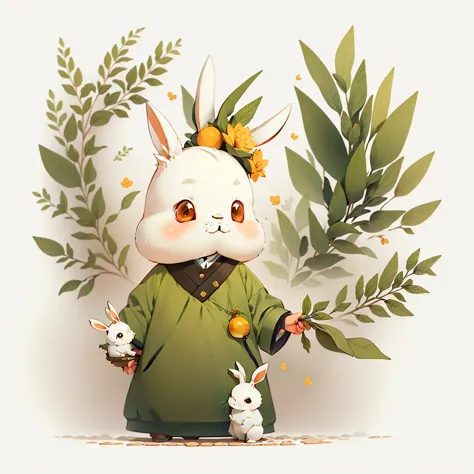 A cute anthropomorphic rabbit，There is a golden osmanthus flower on the head,flat illustration, Simple background, （White backgr...