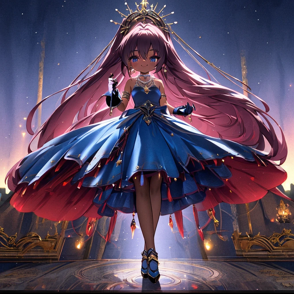 girl, skinny, dark skin, straight hair with braided red hairstyle, blue eyes, flat, wide hips, earrings, choker, necklace with pendant, long gloves, blue evening dress, intricate, high-heeled crystal shoes, ecstatic smile, luxurious ballroom, shoujo anime, cinematic, dramatic, masterpiece, dynamic view, full body,