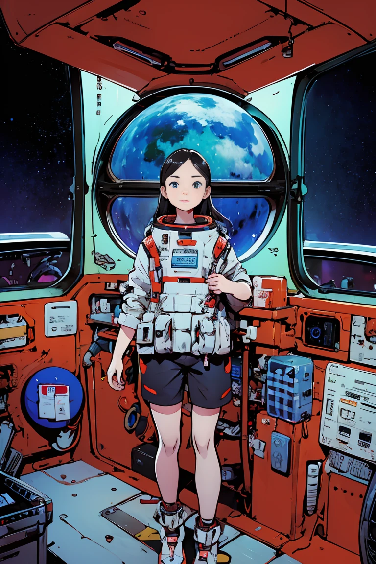 watercolor、Being inside a spaceship、Large windows of spacecraft、performer, Planets and nebulae visible from spaceship window、girl looking out the window、Mecha、mechanical、Panorama、girl around 24 years old(Baby Face、Slim figure、Looks like a 12 year old boy)Shorts、Ukiyo-e style background、Tiny tubes and pipes undulate like tentacles..、Nipples are visible without a bra、Spacesuit