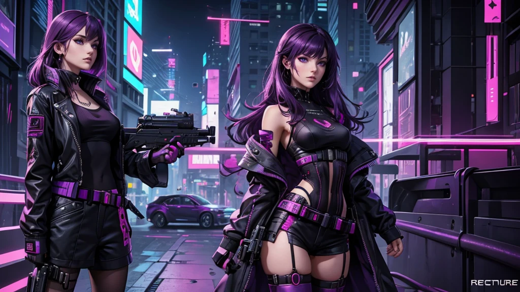 High quality, une fille, in profile, elle tient un revolver dans la main, she aims, purple hair, cyberpunk style, une jupe courte, des collants noirs troué, the background is single color in red, more sexy