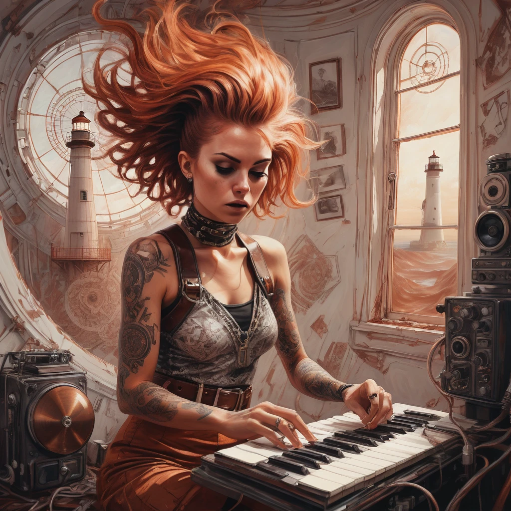 Oil painting, Unity Движок, award-winning, Aerial shot of an elegant punk (Female:1.2) Composing music, The girl is complicated, dressed in [Lace top|1970s disco fashion], her hair is rust, [tribal:boundless:17] belts, from inside the lighthouse, Sketch, The Art of Surrealism, Monochromatic copper filter, Careless blows, mandala, skin pores, (Dan Mumford:1.1), look of shock