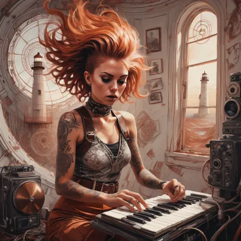 oil painting, unity движок, award-winning, aerial shot of an elegant punk (female:1.2) composing music, the girl is complicated,...