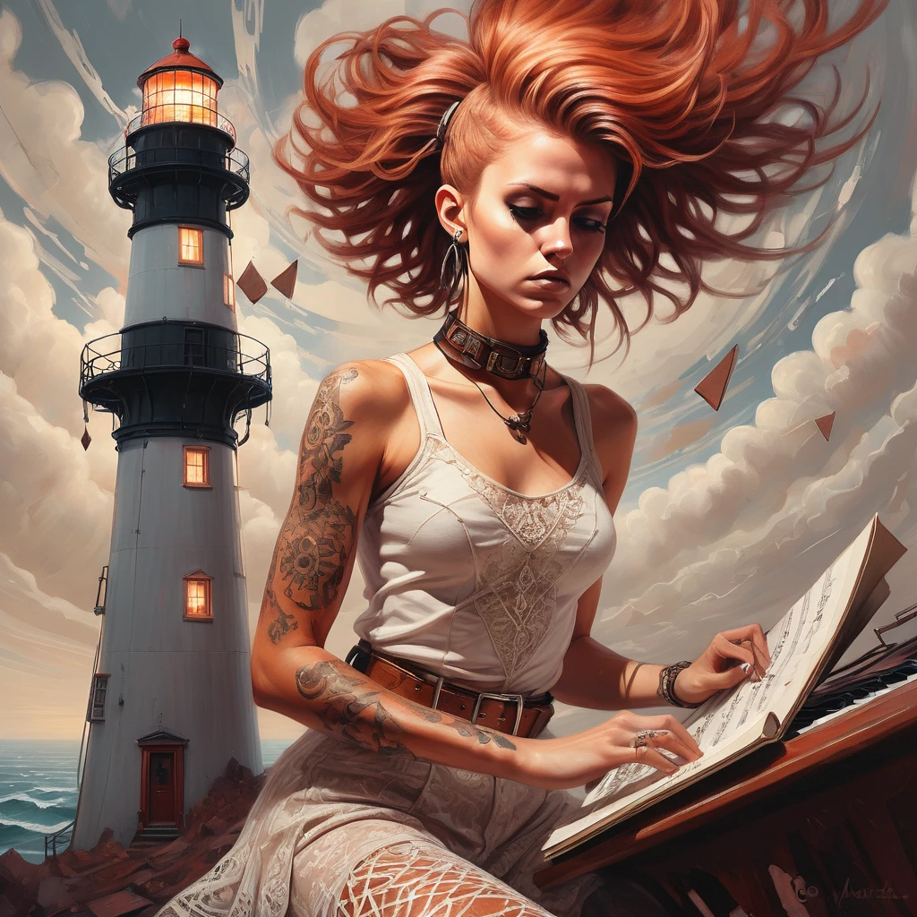 Oil painting, Unity Движок, award-winning, Aerial shot of an elegant punk (Female:1.2) Composing music, The girl is complicated, dressed in [Lace top|1970s disco fashion], her hair is rust, [tribal:boundless:17] belts, from inside the lighthouse, Sketch, The Art of Surrealism, Monochromatic copper filter, Careless blows, mandala, skin pores, (Dan Mumford:1.1), look of shock