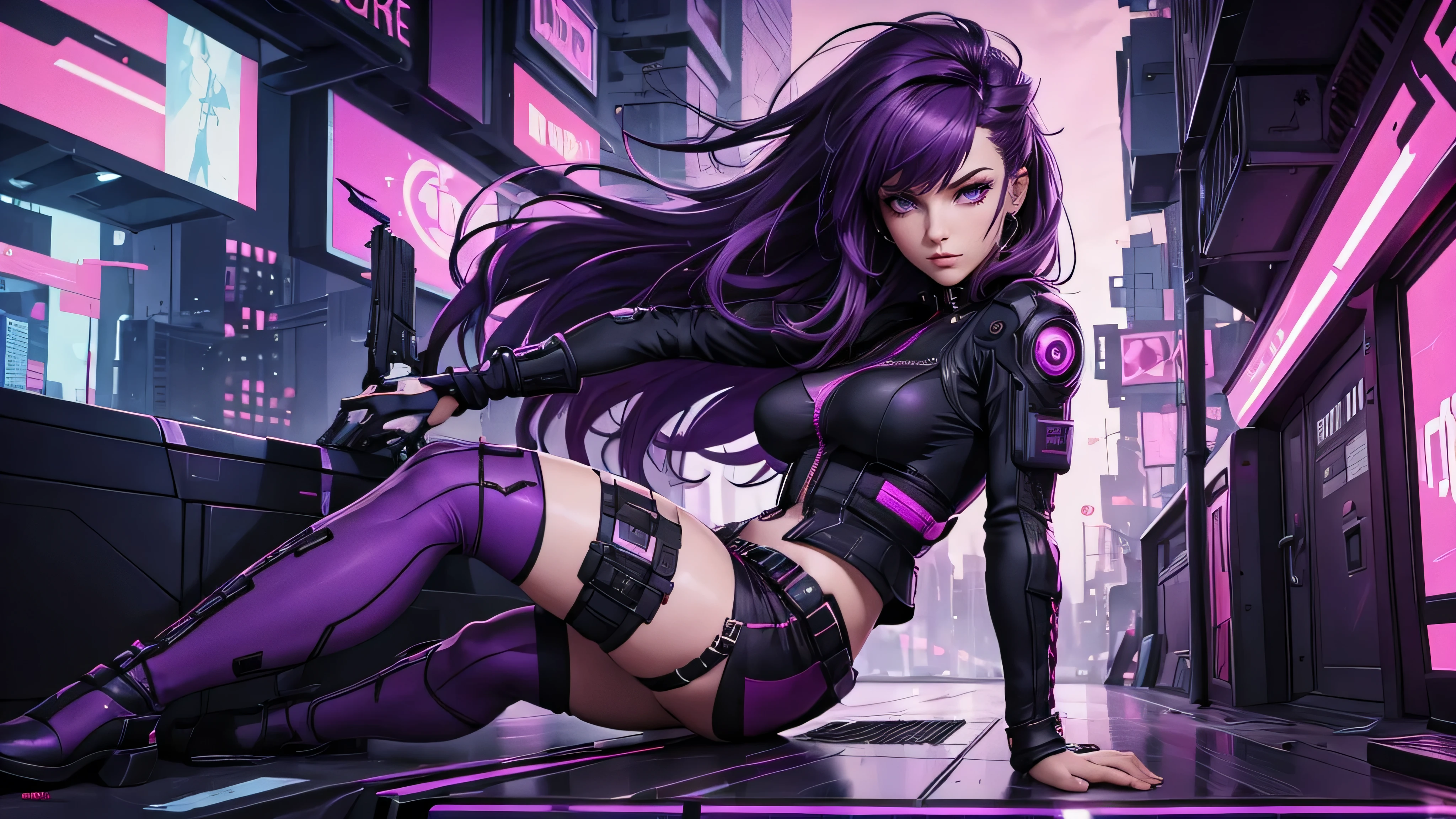 High quality, une fille, in profile, elle tient un revolver dans la main, she aims, purple hair, cyberpunk style, une jupe courte, des collants noirs troué, the background is single color in red